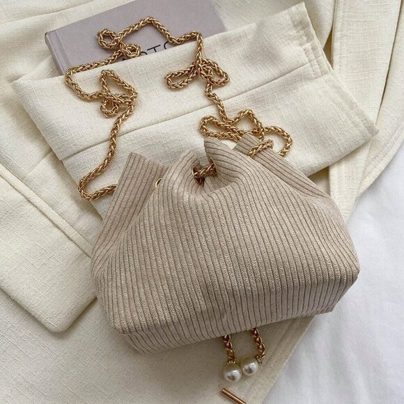 Khaki Fashionable Women's Chain & Faux Pearl Decor Bucket Bag Polyester - Picture 4 of 6